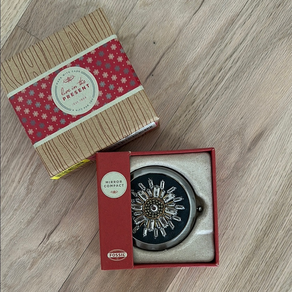 Fossil Black and Silver Crystal Mirror Compact